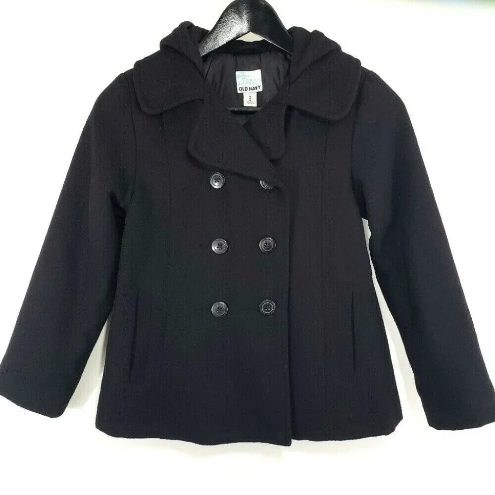 Old Navy Black Pea‎ Coat Girls M Wool Blend Hooded Warm Classic Old Money